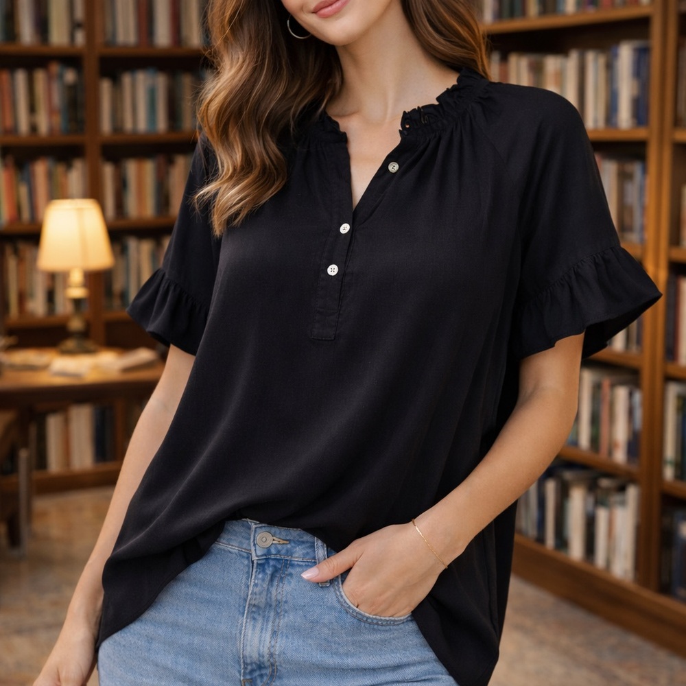 Lands’ End Black TENCEL™ Lyocell Ruffle Sleeve‎ Blouse Women’s XL NWT